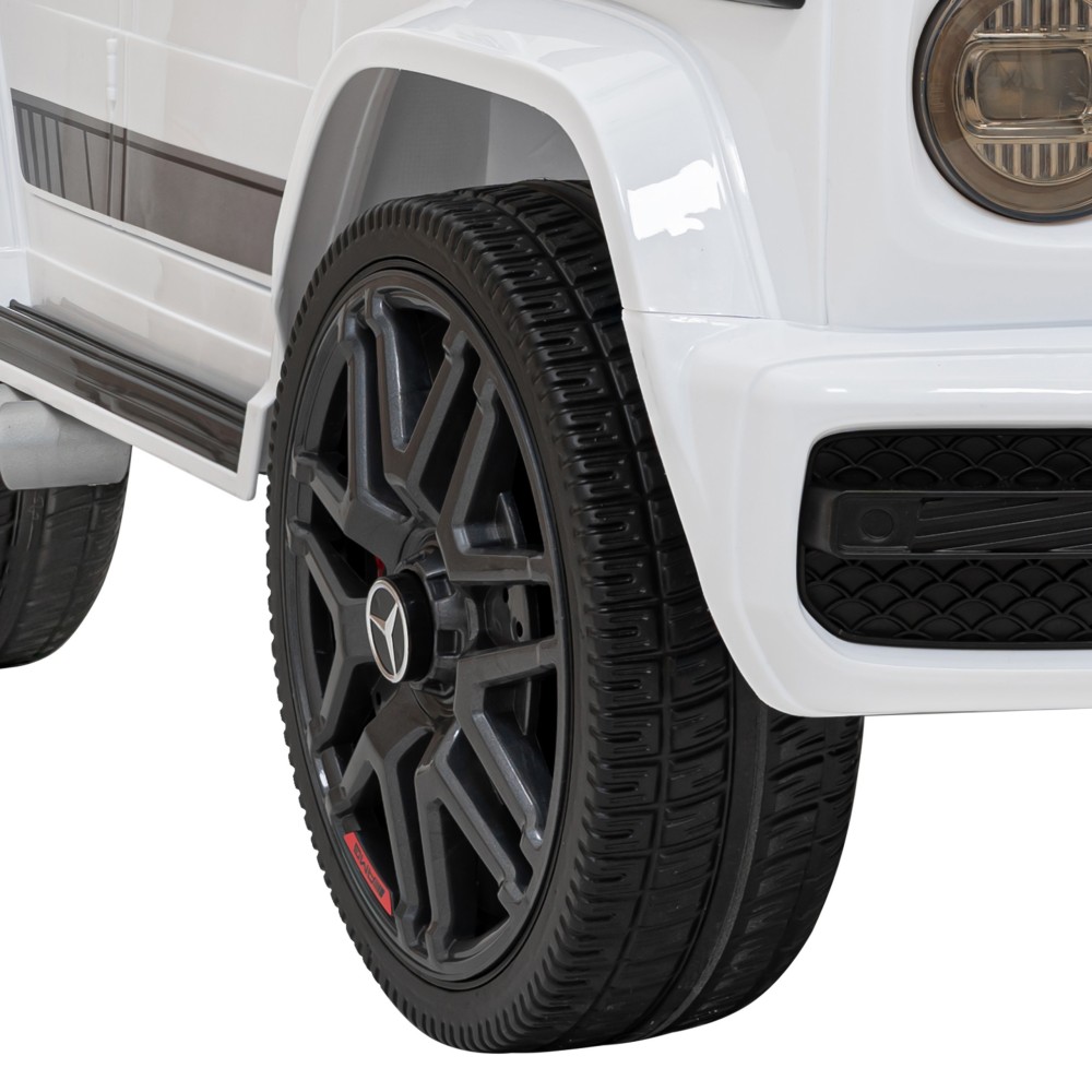 JOKO Elektrické autíčko Mercedes-Benz G63 AMG, penové kolesá, kožené sedadlo, biele