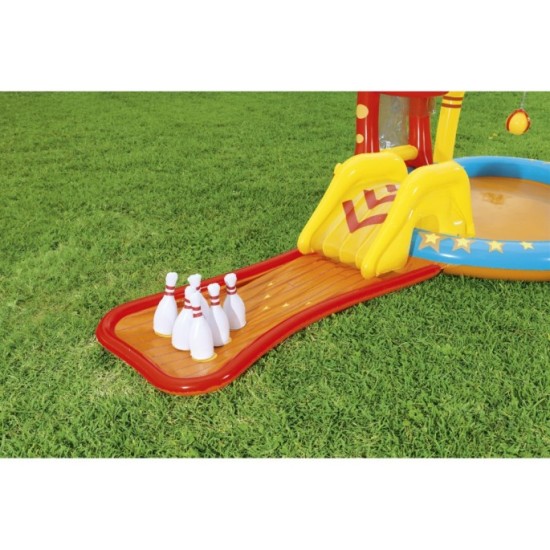 Bestway Detský Nafukovací bazén so šmýkačkou a fontánou, basketbalový kôš, kolky, 435 cm x 213 cm x 117 cm 