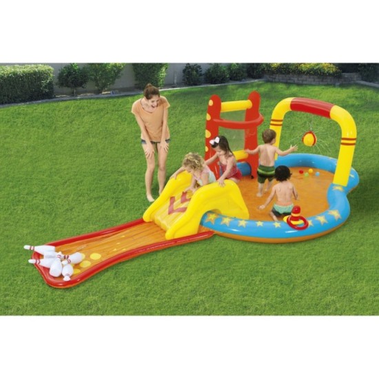 Bestway Detský Nafukovací bazén so šmýkačkou a fontánou, basketbalový kôš, kolky, 435 cm x 213 cm x 117 cm 