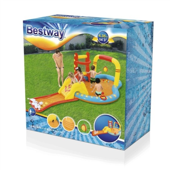 Bestway Detský Nafukovací bazén so šmýkačkou a fontánou, basketbalový kôš, kolky, 435 cm x 213 cm x 117 cm 