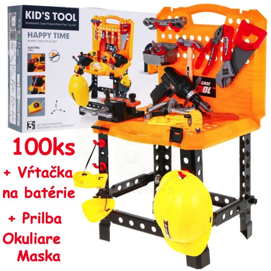 JOKO Detský stolík s náradím 100ks + prilba + vŕtačka na batéria