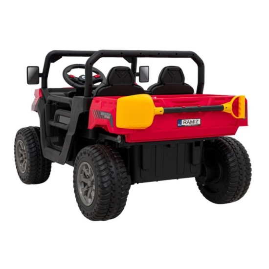JOKO Elektrické autíčko s Elektricky vyklápacou vlečkou Pick-Up Speed 900, kožené sedadlo, penové kolesá, nosnosť 50kg, červené