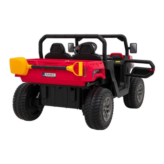 JOKO Elektrické autíčko s Elektricky vyklápacou vlečkou Pick-Up Speed 900, kožené sedadlo, penové kolesá, nosnosť 50kg, červené
