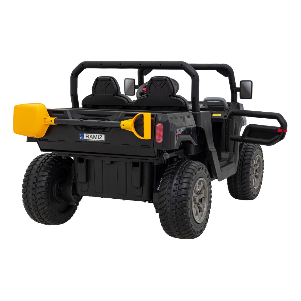 JOKO Elektrické autíčko s Elektricky vyklápacou vlečkou Pick-Up Speed 900, kožené sedadlo, penové kolesá, nosnosť 50kg, čierne