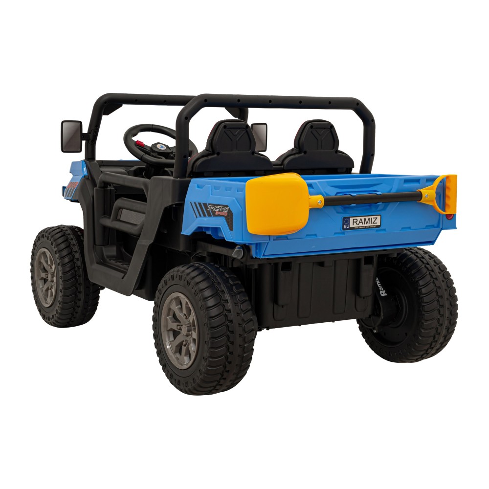 JOKO Elektrické autíčko s Elektricky vyklápacou vlečkou Pick-Up Speed 900, kožené sedadlo, penové kolesá, nosnosť 50kg, modré
