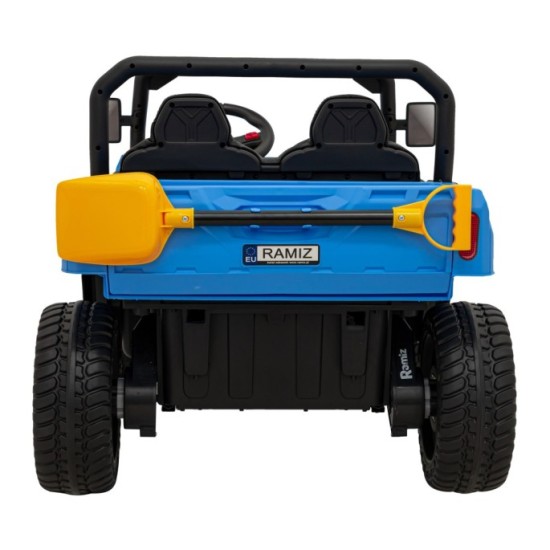 JOKO Elektrické autíčko s Elektricky vyklápacou vlečkou Pick-Up Speed 900, kožené sedadlo, penové kolesá, nosnosť 50kg, modré