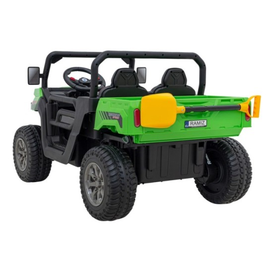 JOKO Elektrické autíčko s Elektricky vyklápacou vlečkou Pick-Up Speed 900, kožené sedadlo, penové kolesá, nosnosť 50kg, zelené
