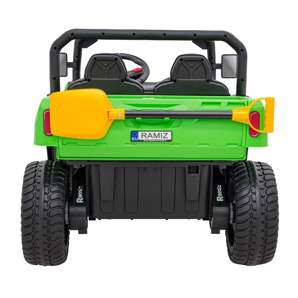 JOKO Elektrické autíčko s Elektricky vyklápacou vlečkou Pick-Up Speed 900, kožené sedadlo, penové kolesá, nosnosť 50kg, zelené