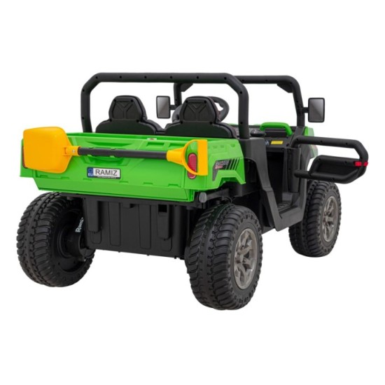 JOKO Elektrické autíčko s Elektricky vyklápacou vlečkou Pick-Up Speed 900, kožené sedadlo, penové kolesá, nosnosť 50kg, zelené