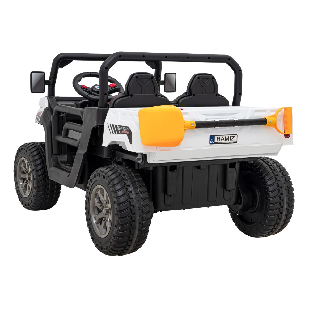 JOKO Elektrické autíčko s Elektricky vyklápacou vlečkou Pick-Up Speed 900, kožené sedadlo, penové kolesá, nosnosť 50kg, biele