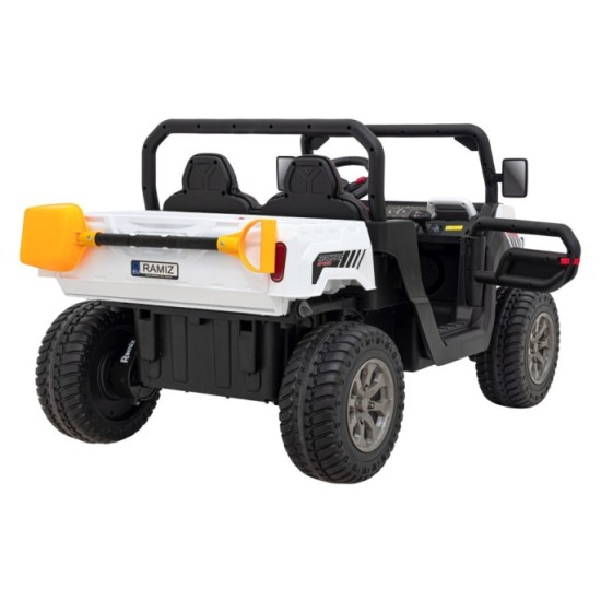 JOKO Elektrické autíčko s Elektricky vyklápacou vlečkou Pick-Up Speed 900, kožené sedadlo, penové kolesá, nosnosť 50kg, biele