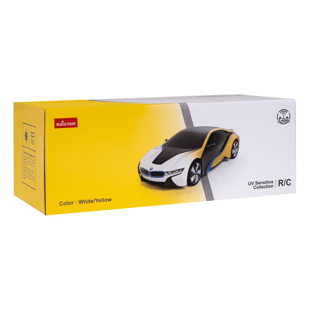 RASTAR RC Auto BMW I8-UV Sensitive Collection 1:24 na diaľkové ovládanie s LED svetlom + Meniaca farba kapoty, žlto-biele