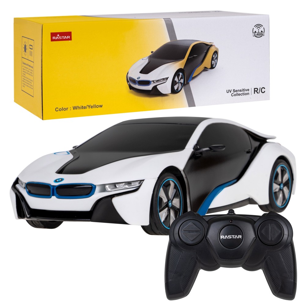 RASTAR RC Auto BMW I8-UV Sensitive Collection 1:24 na diaľkové ovládanie s LED svetlom + Meniaca farba kapoty, žlto-biele
