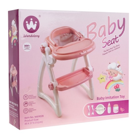 JOKO Detská Stolička na kŕmenie pre bábiky + fľaša, príbor, tanier, cumlík, ružová