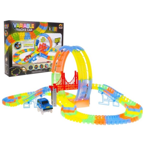 JOKO Fluor Svietiaca Autodráha s Mostom Variabilná 157ks 298m + auto s LED svetlom na batérie