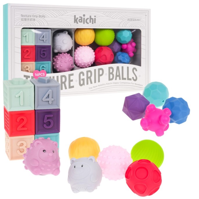 KAICHI Sada Detské Mäkké Senzorické Kocky 14ks, bezpečné, pre deti od 6 mesiacov + Loptičky a Zvieratká