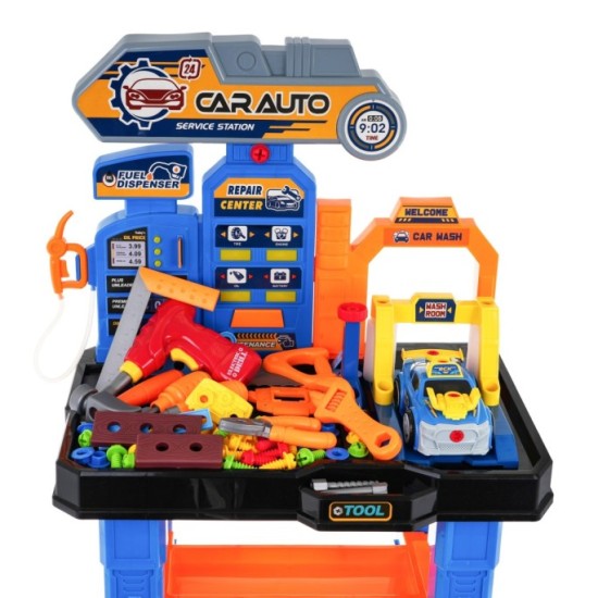 JOKO Interaktívny Detský Stolík s Náradím 4v1 pre malého AUTOMECHANIKA, Autodielňa s Výťahom, Autoumyváreň + Čerpacia Stanica so