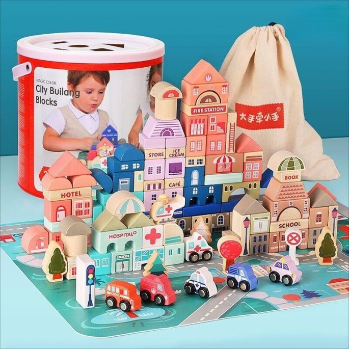 JOKO Sada Drevené Kocky Mesto 115ks + Penová Puzzle Podložka s Cestami + Vkladačka