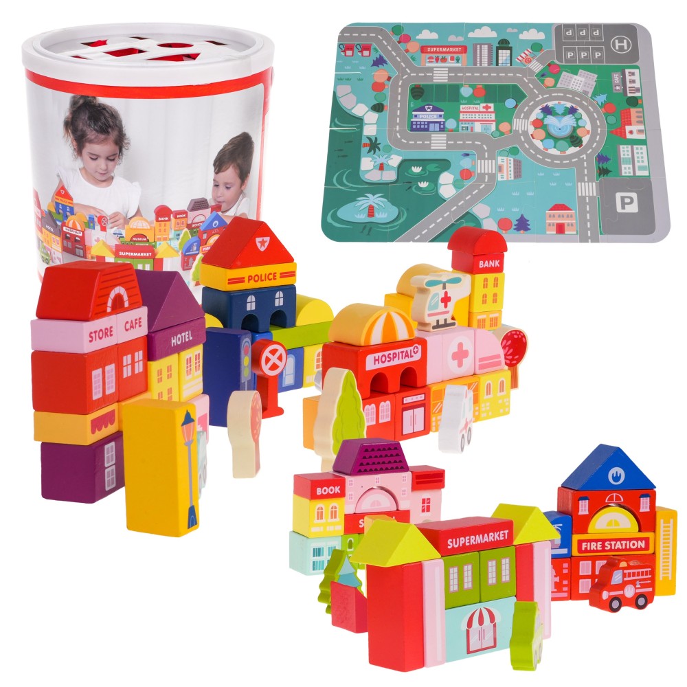 JOKO Sada Drevené Kocky Mesto 115ks + Penová Puzzle Podložka s Cestami + Vkladačka