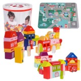 JOKO Sada Drevené Kocky Mesto 115ks + Penová Puzzle Podložka s Cestami + Vkladačka