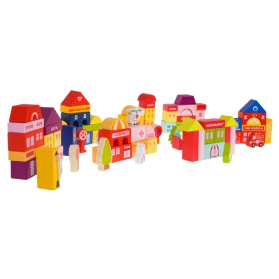 JOKO Sada Drevené Kocky Mesto 115ks + Penová Puzzle Podložka s Cestami + Vkladačka