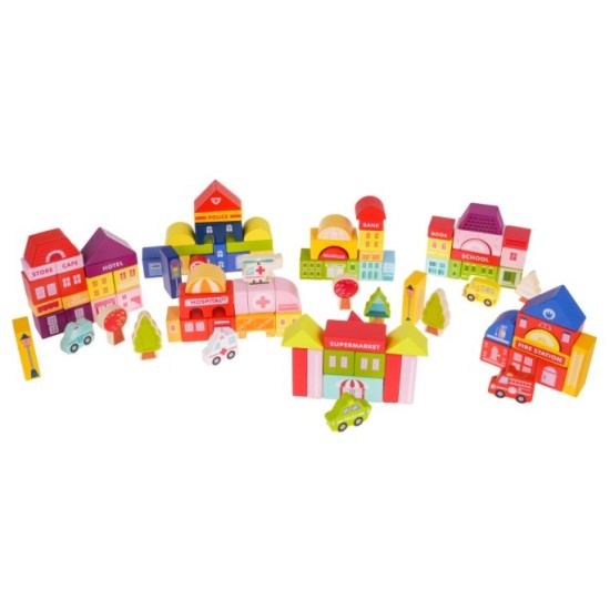 JOKO Sada Drevené Kocky Mesto 115ks + Penová Puzzle Podložka s Cestami + Vkladačka