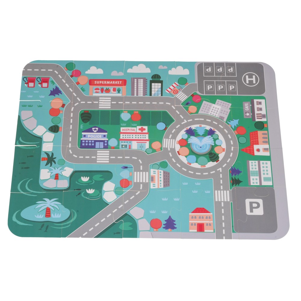 JOKO Sada Drevené Kocky Mesto 115ks + Penová Puzzle Podložka s Cestami + Vkladačka