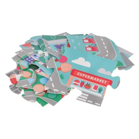 JOKO Sada Drevené Kocky Mesto 115ks + Penová Puzzle Podložka s Cestami + Vkladačka