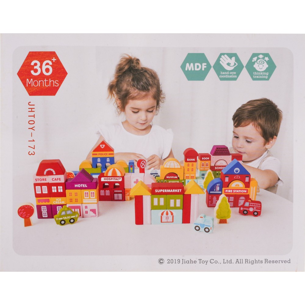 JOKO Sada Drevené Kocky Mesto 115ks + Penová Puzzle Podložka s Cestami + Vkladačka