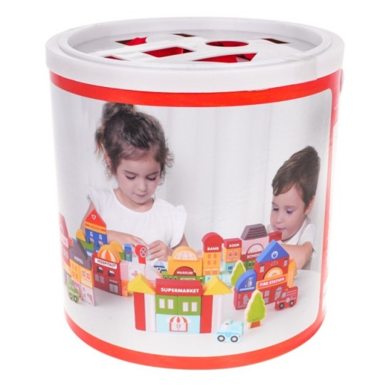 JOKO Sada Drevené Kocky Mesto 115ks + Penová Puzzle Podložka s Cestami + Vkladačka