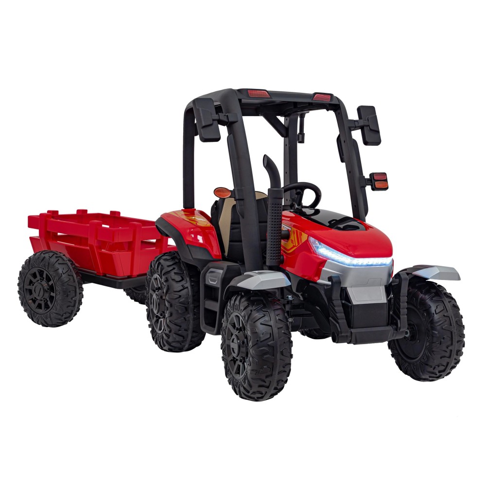 JOKO Elektrický traktor s vlečkou Blast 2x200W 24V, penové kolesá, kožené sedadlo, červený