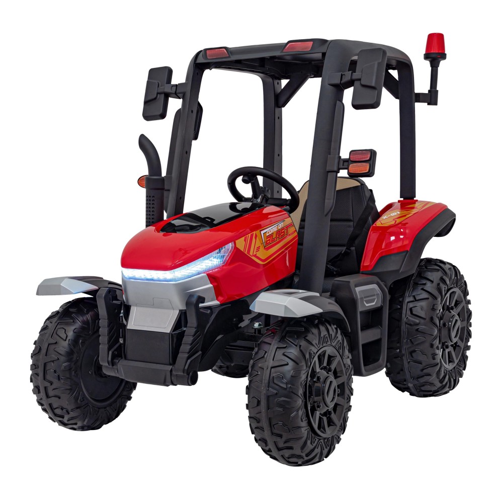 JOKO Elektrický traktor s vlečkou Blast 2x200W 24V, penové kolesá, kožené sedadlo, červený