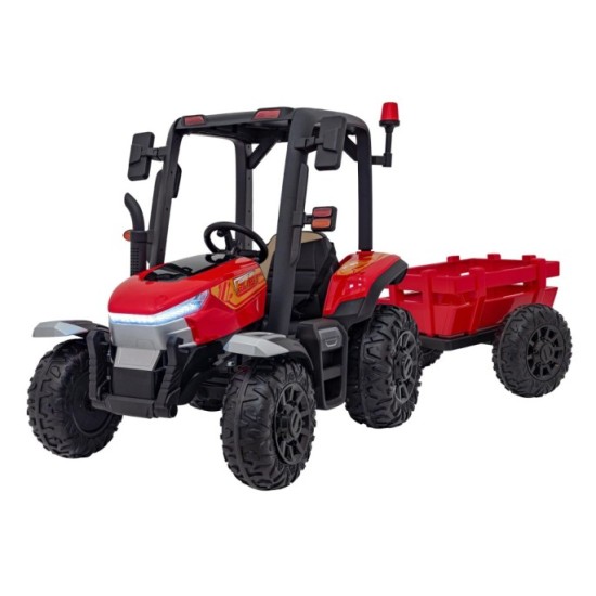 JOKO Elektrický traktor s vlečkou Blast 2x200W 24V, penové kolesá, kožené sedadlo, červený