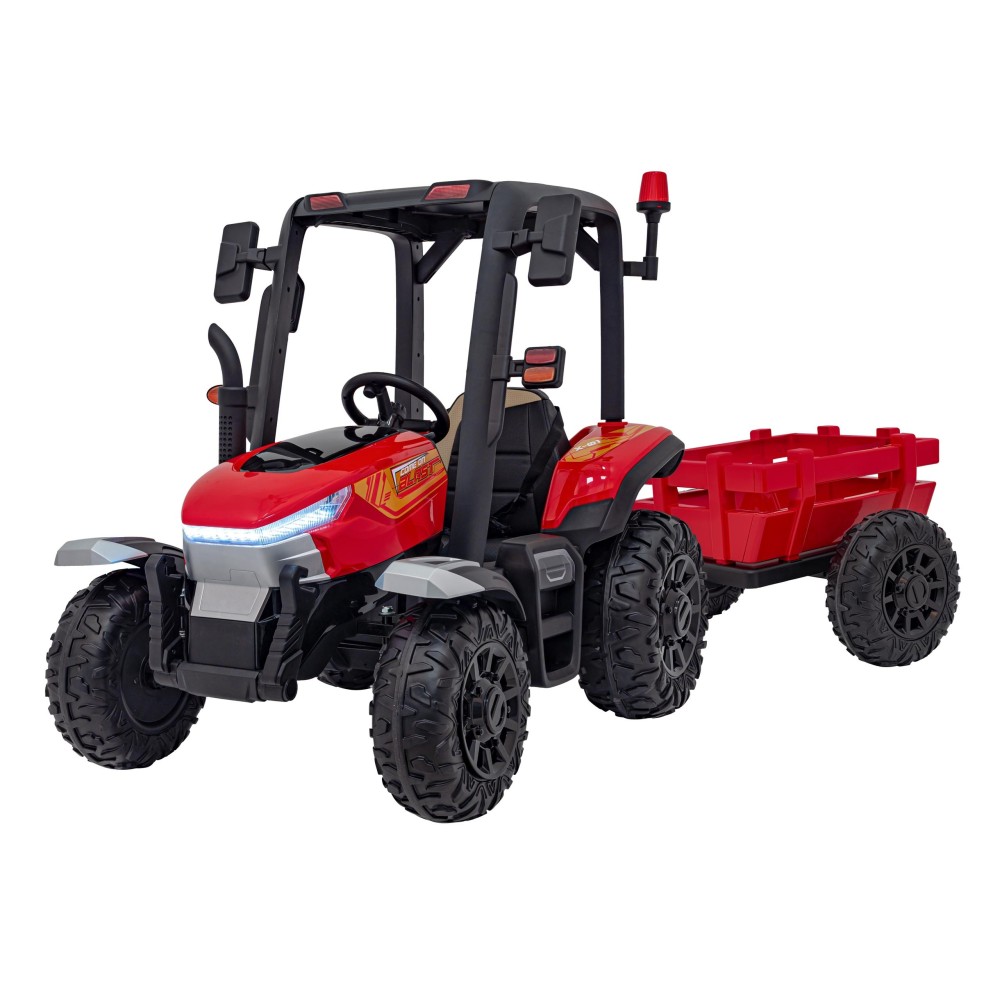 JOKO Elektrický traktor s vlečkou Blast 2x200W 24V, penové kolesá, kožené sedadlo, červený