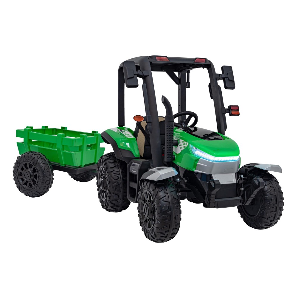 JOKO Elektrický traktor s vlečkou Blast 2x200W 24V, penové kolesá, kožené sedadlo, zelený