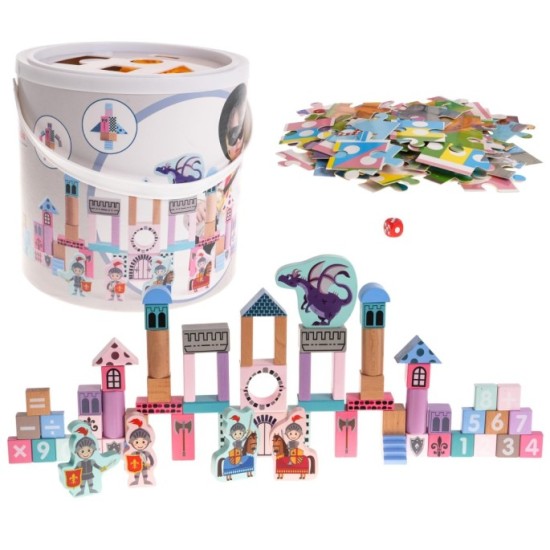 JOKO Sada Drevené Kocky Zámok s Rytiermi a Drakom + Puzzle Hrad + Hra Človeče Nehnevaj sa + Vkladačka