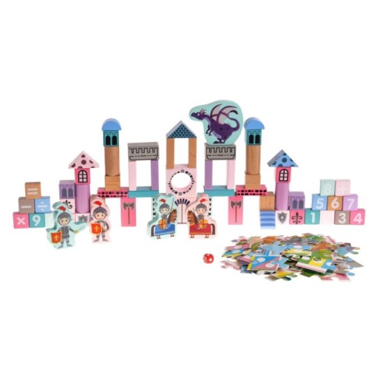 JOKO Sada Drevené Kocky Zámok s Rytiermi a Drakom + Puzzle Hrad + Hra Človeče Nehnevaj sa + Vkladačka