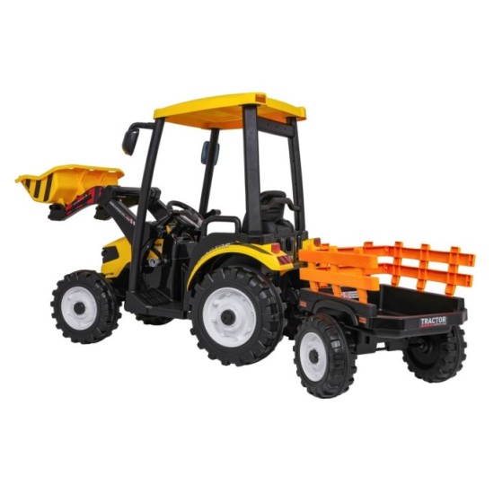 JOKO Elektrický Traktor s predným nakladačom a vlečkou D68, 2x200W 24V, kožené sedadlo, celková dĺžka 233cm, žltý
