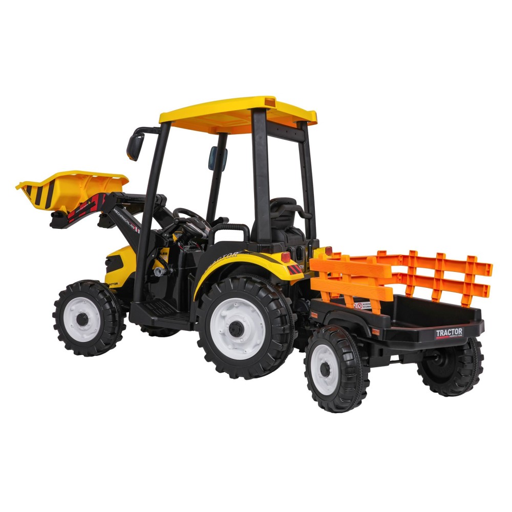 JOKO Elektrický Traktor s predným nakladačom a vlečkou D68, 2x200W 24V, kožené sedadlo, celková dĺžka 233cm, žltý