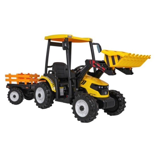 JOKO Elektrický Traktor s predným nakladačom a vlečkou D68, 2x200W 24V, kožené sedadlo, celková dĺžka 233cm, žltý