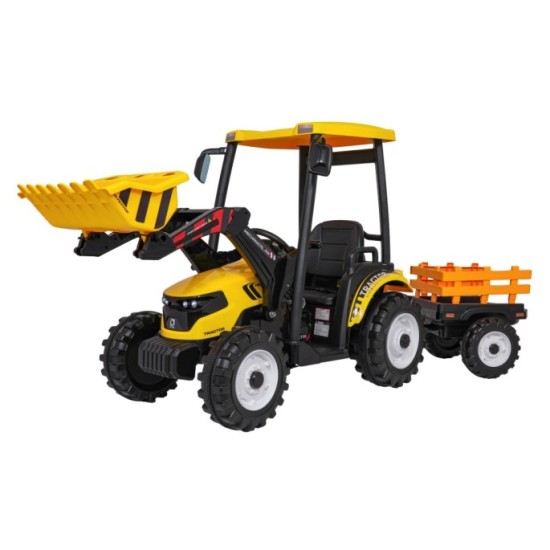 JOKO Elektrický Traktor s predným nakladačom a vlečkou D68, 2x200W 24V, kožené sedadlo, celková dĺžka 233cm, žltý