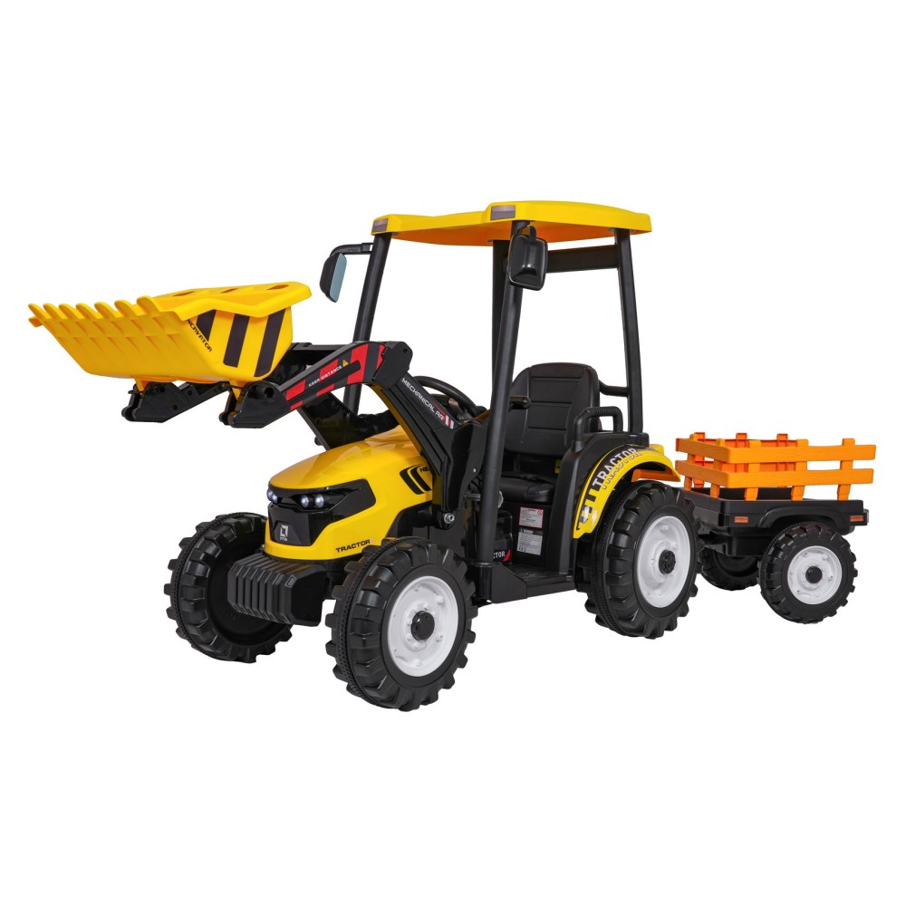 JOKO Elektrický Traktor s predným nakladačom a vlečkou D68, 2x200W 24V, kožené sedadlo, celková dĺžka 233cm, žltý