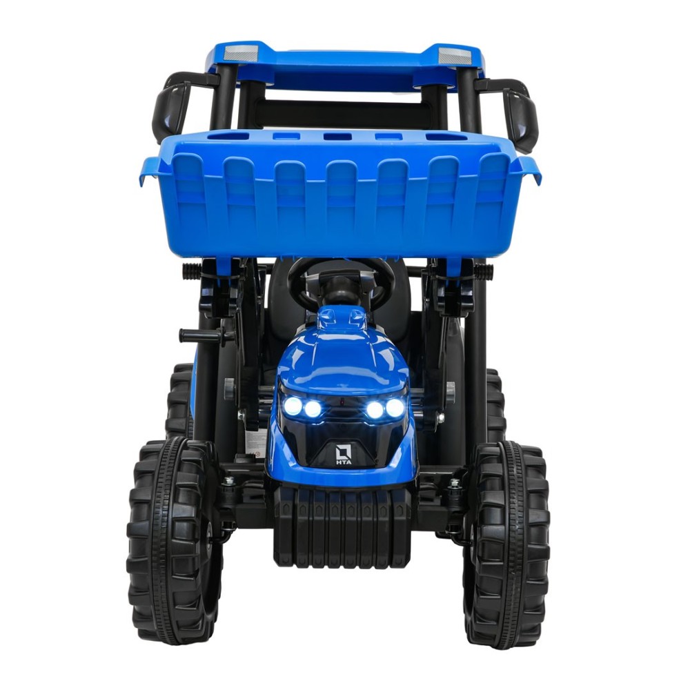 JOKO Elektrický Traktor s predným nakladačom a vlečkou D68, 2x200W 24V, kožené sedadlo, celková dĺžka 233cm, modrý