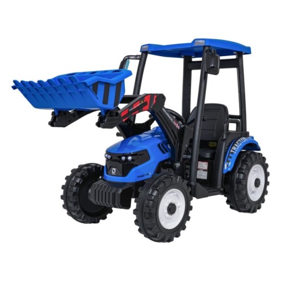 JOKO Elektrický Traktor s predným nakladačom a vlečkou D68, 2x200W 24V, kožené sedadlo, celková dĺžka 233cm, modrý