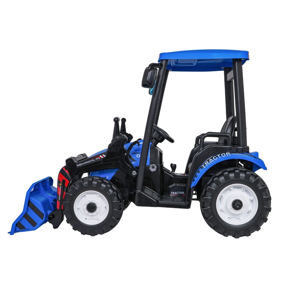 JOKO Elektrický Traktor s predným nakladačom a vlečkou D68, 2x200W 24V, kožené sedadlo, celková dĺžka 233cm, modrý