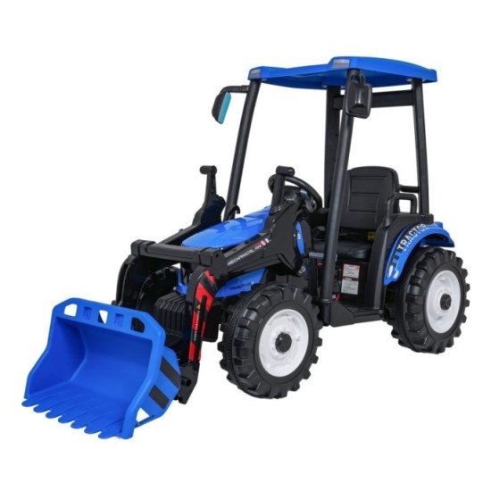 JOKO Elektrický Traktor s predným nakladačom a vlečkou D68, 2x200W 24V, kožené sedadlo, celková dĺžka 233cm, modrý
