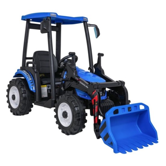 JOKO Elektrický Traktor s predným nakladačom a vlečkou D68, 2x200W 24V, kožené sedadlo, celková dĺžka 233cm, modrý