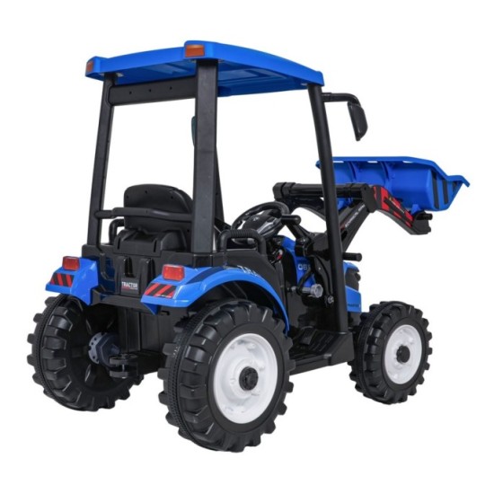 JOKO Elektrický Traktor s predným nakladačom a vlečkou D68, 2x200W 24V, kožené sedadlo, celková dĺžka 233cm, modrý