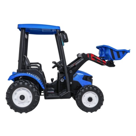 JOKO Elektrický Traktor s predným nakladačom a vlečkou D68, 2x200W 24V, kožené sedadlo, celková dĺžka 233cm, modrý