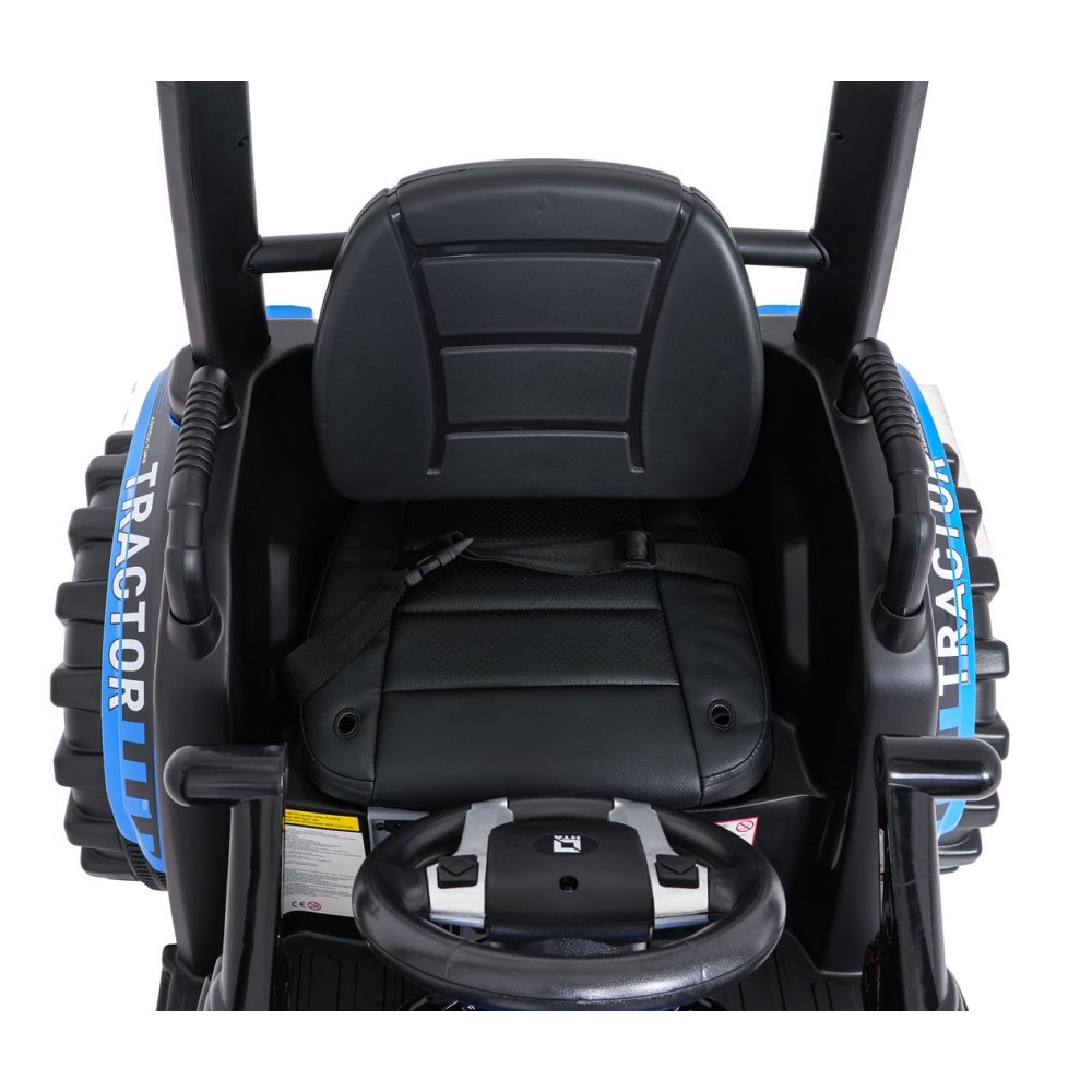 JOKO Elektrický Traktor s predným nakladačom a vlečkou D68, 2x200W 24V, kožené sedadlo, celková dĺžka 233cm, modrý